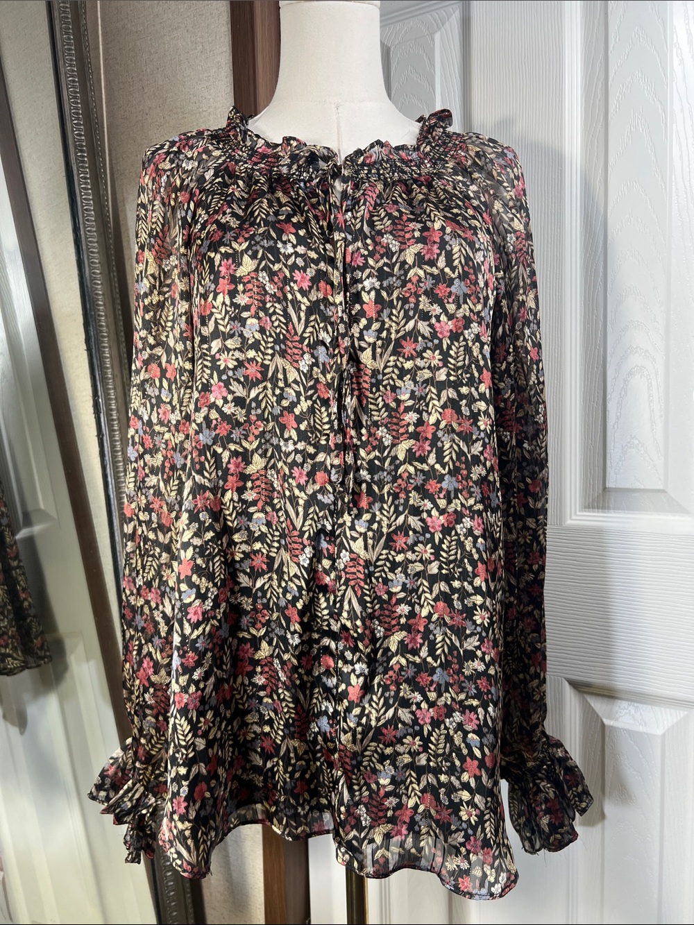 Floral Ruffled Tie-Neck Blouse - Black with Pink & Cream Floral